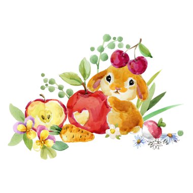 Sevimli çizgi film tavşanı. Orman hayvanı illüstrasyonu. Suluboya tavşan. Komik hayvan. Küçük tavşancık