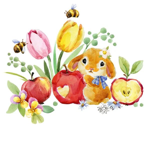 Niedliche Cartoon Kaninchen Waldtier Illustration Aquarellhase Lustiges Haustier Kleiner Hase — Stockfoto