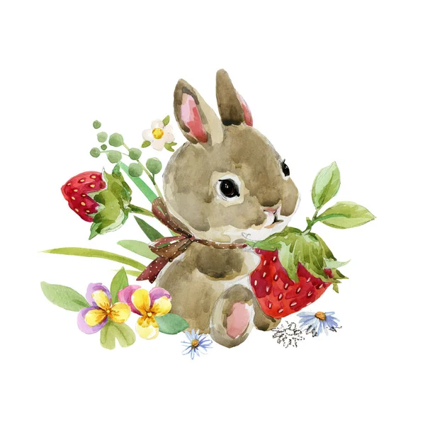 Милый Мультяшный Кролик Лесная Животная Иллюстрация Акварельный Заяц Смешное Животное — стоковое фото