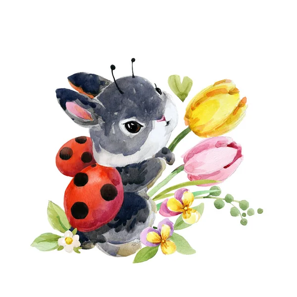 Niedliche Cartoon Kaninchen Waldtier Illustration Aquarellhase Lustiges Haustier Kleiner Hase — Stockfoto