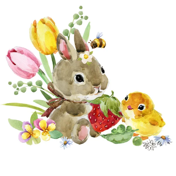 Cute cartoon rabbit. forest animal illustration. watercolor hare. funny pet. Little bunny