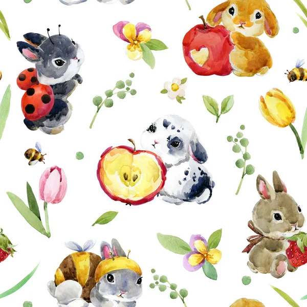 かわいい漫画ウサギのシームレスなパターン 森の動物のイラスト 春の庭で面白いペットを水彩画 うさぎちゃん — ストック写真