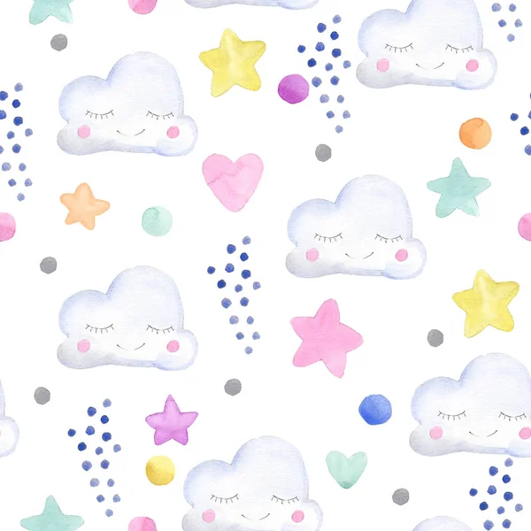 Cute cartoon sky with clouds and stars watercolor seamless pattern.