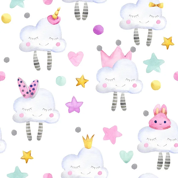 Cute Cartoon Sky Clouds Stars Watercolor Seamless Pattern — Stock Photo, Image