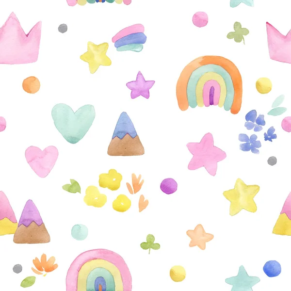 Cute cartoon fairy sky with clouds, stars and rainbow watercolor seamless pattern.