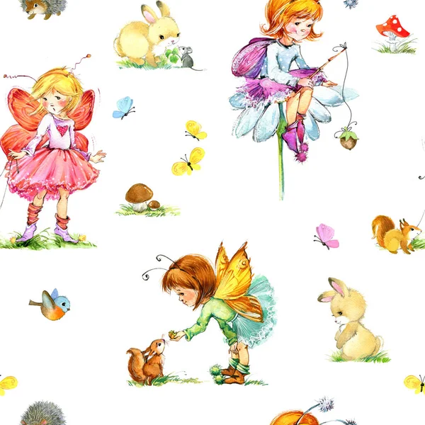 Cute seamless pattern with Winged Forest Fairyes and little forest animals. Fabric design for girls. watercolor Fairy tale cartoon forest illustration