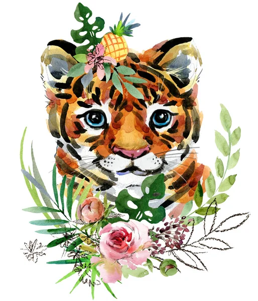 Cria Tigre Animais Selvagens Aquarela Ilustração — Fotografia de Stock
