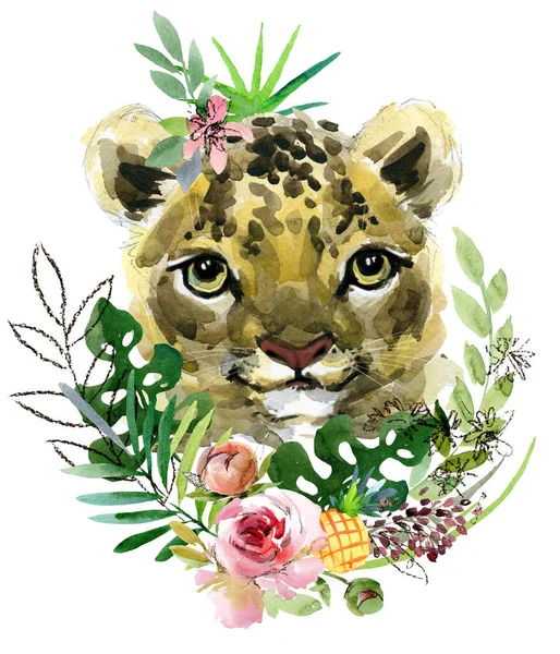 Cria Leão Animais Selvagens Aquarela Ilustração — Fotografia de Stock