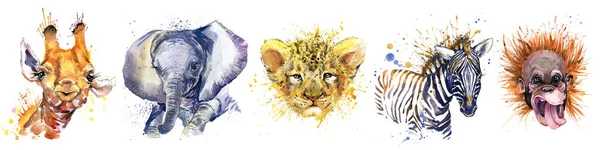 Watercolor Set Forest Isolated Cute Baby Elephant Giraffe Lion Monkey — Stock Photo, Image