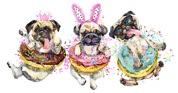 Cachorros Engraçados Pug Raça Aquarela Ilustração — Fotografia de Stock