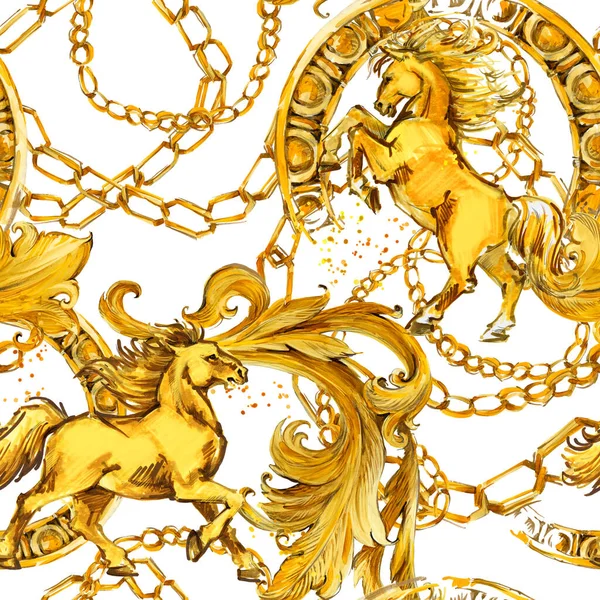 Χρυσό Άλογο Μπαρόκ Αδιάλειπτη Μοτίβο Υδατογραφία Vintage Χρυσό Δαντέλα Στολίδι — Φωτογραφία Αρχείου