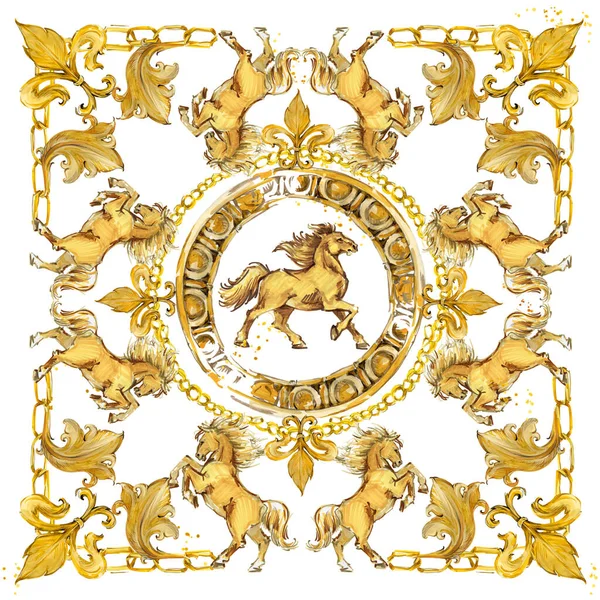 金色の馬水彩シームレスパターン — ストック写真