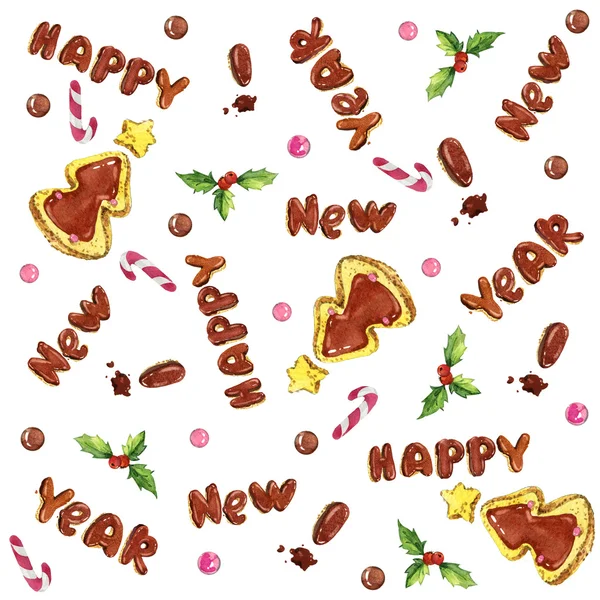 Nieuwjaar achtergrond met snoep, koekjes, Maretak bessen en lollies — Stockfoto