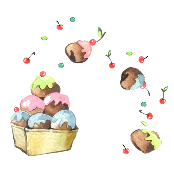 Cherry chocolate cupcake on white background.illustration waterc — Stock Photo, Image