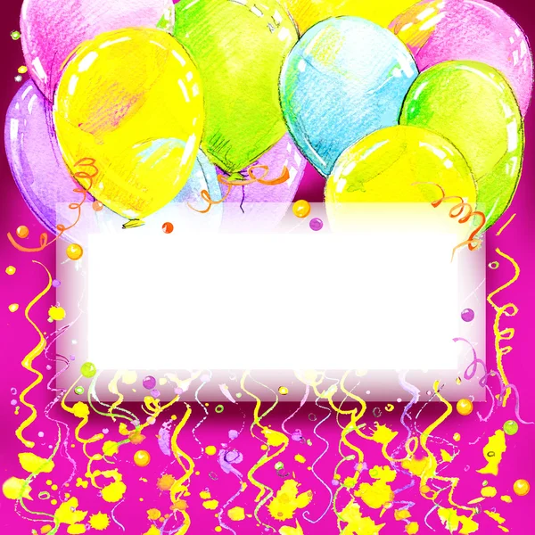 Latar belakang ulang tahun dengan balon terbang berwarna-warni dan confetti w — Stok Foto