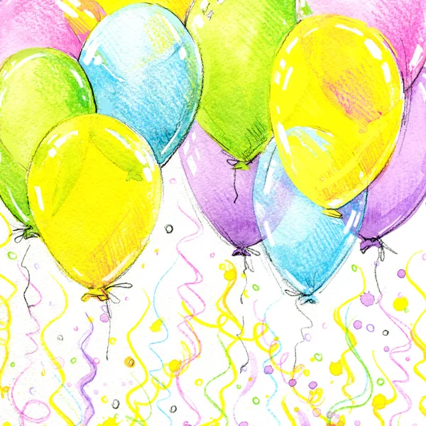 Születésnapi háttérben repülő színes lufi és konfetti o — Stock Fotó