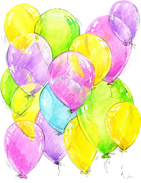 Fundo de aniversário com voando balões coloridos no fundo branco. aguarela — Fotografia de Stock