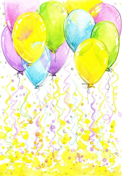 Γενέθλια φόντο με ιπτάμενα πολύχρωμα μπαλόνια και κομφετί o — Φωτογραφία Αρχείου
