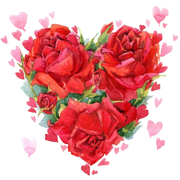 Walentynki. Czerwone serce z róż. kwiaty w akwarela deseń — Zdjęcie stockowe