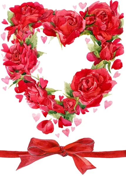 Sevgililer günü. Kırmızı kalp gül. çiçek suluboya arka plan kartı ve tebrikler — Stok fotoğraf