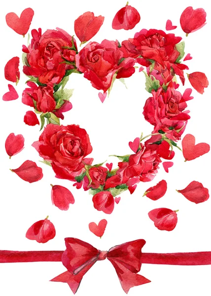 Valentijnsdag. Rood hart van rozen. bloem aquarel achtergrond voor kaart en gefeliciteerd — Stockfoto