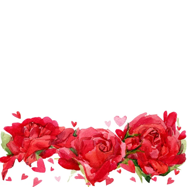 バレンタインの日。赤いハートと赤いバラの背景。watercolo — ストック写真
