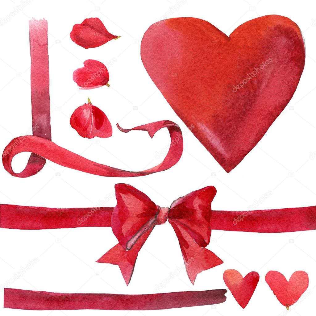 Valentine's Day set for decoration. beautiful bow, red heart and rose petals. watercolor