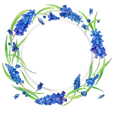 Çiçek çelenk ve genç yeşil çim. Bahar çiçekleri arka plan. suluboya resim