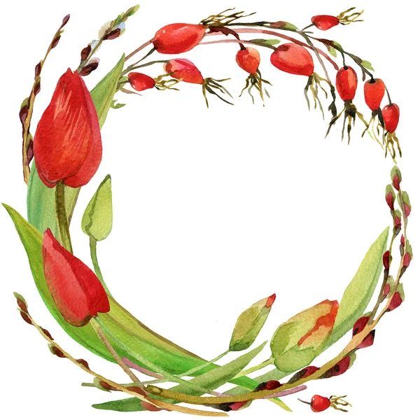 Flower wreath of Royal Tulip, hips and willow branches with green grass. watercolor art — Stock Photo, Image