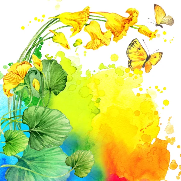Suluboya çiçek ve kelebek bulanık arka plan üzerinde