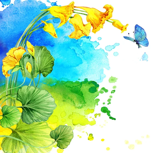 Watercolor flowers and butterfly on blurry background — Stock Photo, Image