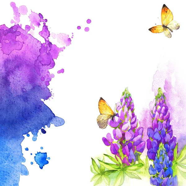 Aquarell Blumen und Schmetterling auf verschwommenem Hintergrund — Stockfoto