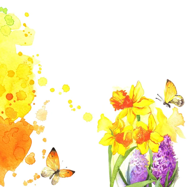 Watercolor flowers and butterfly on blurry background — Stock Photo, Image