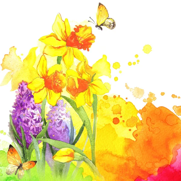 Acquerello fiori e farfalla su sfondo sfocato — Foto Stock