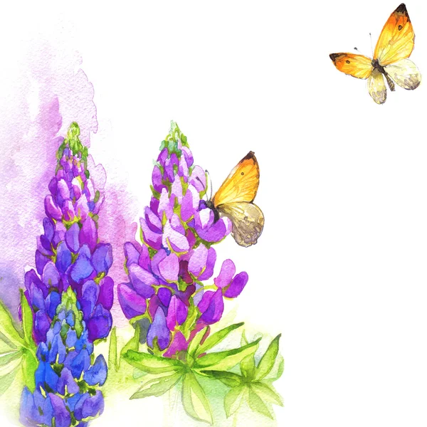 Suluboya çiçek ve kelebek bulanık arka plan üzerinde