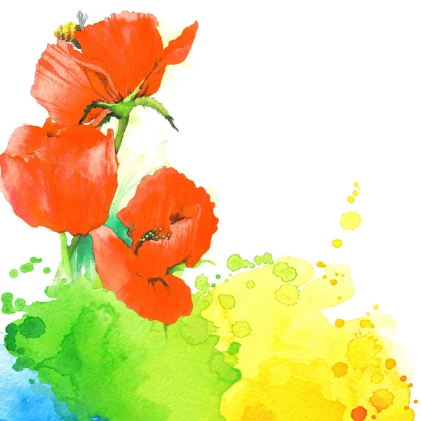 Watercolor flowers and butterfly on blurry background — Stock Photo, Image