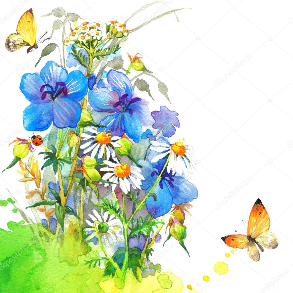 Watercolor flowers and butterfly on blurry background