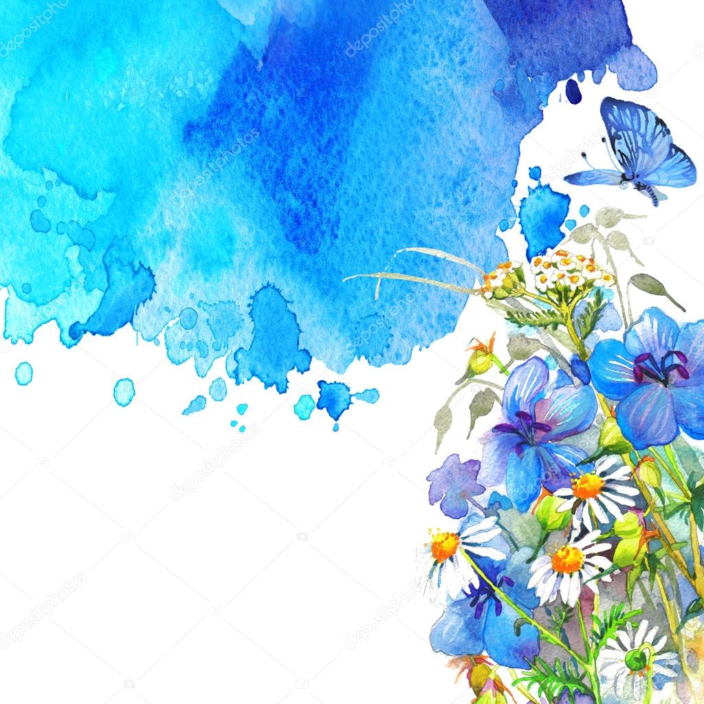 Watercolor flowers and butterfly on blurry background