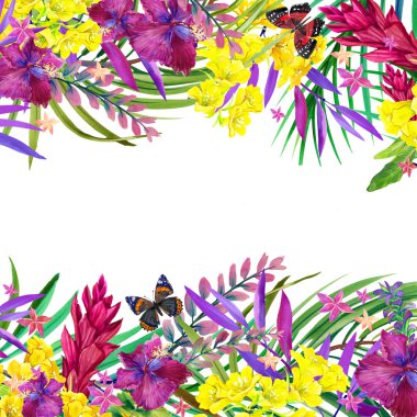 Tropikal yaprak, çiçek ve kelebek.