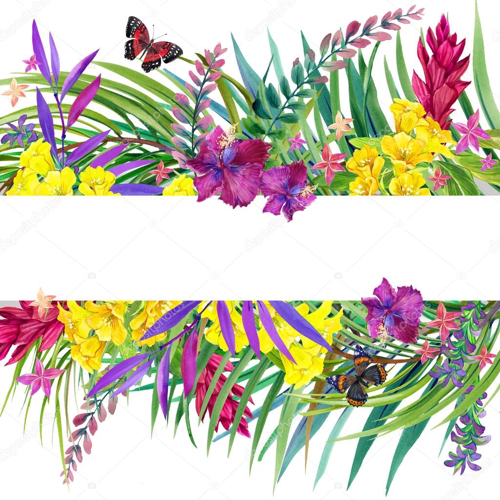 Tropical leaves, flowers and butterfly.