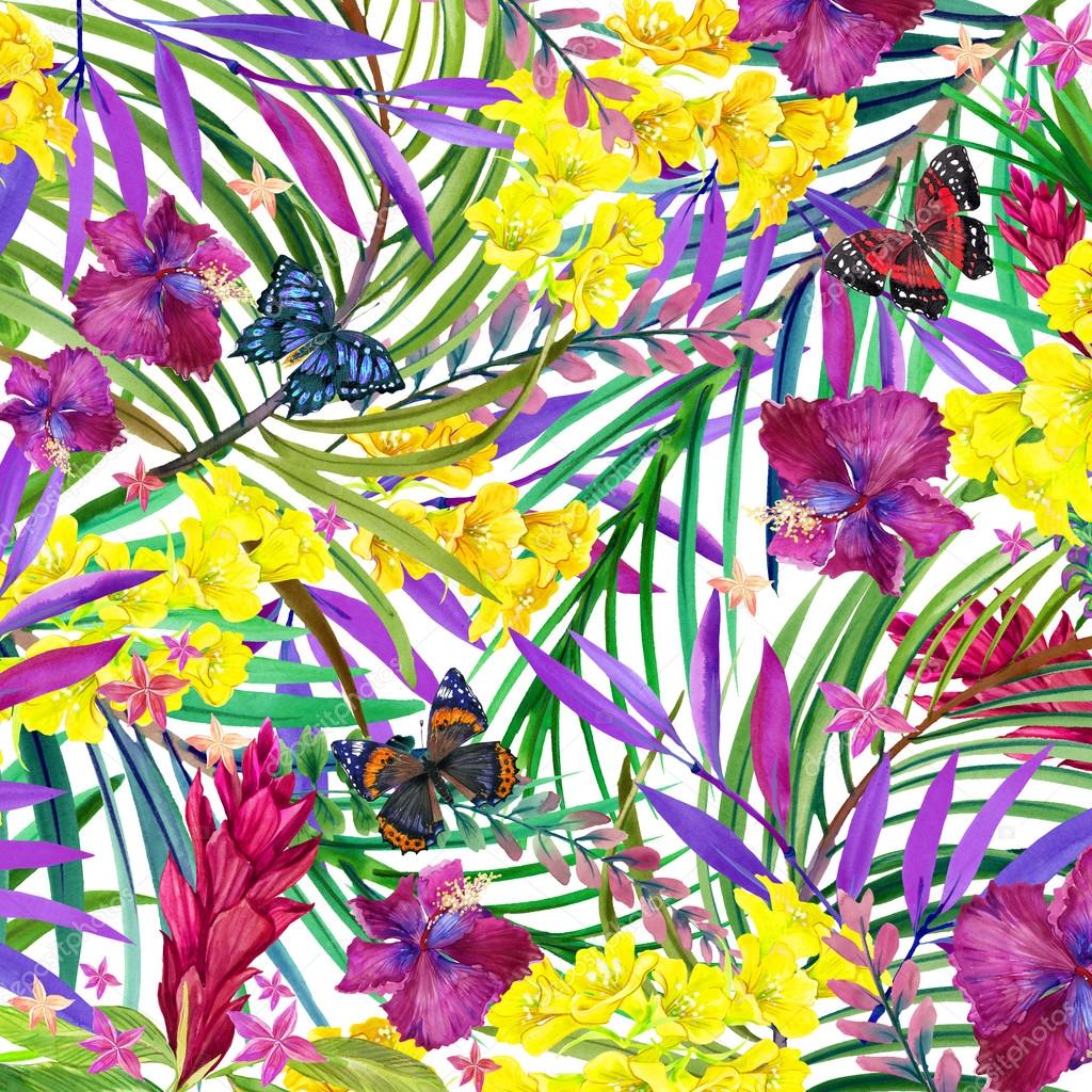 Tropical leaves, flowers and butterfly.