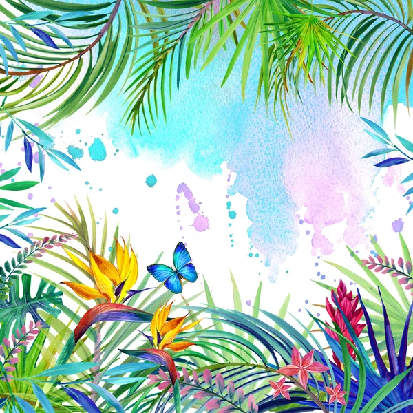 Tropische Waldlandschaft, Blätter, Blumen und Schmetterling. — Stockfoto