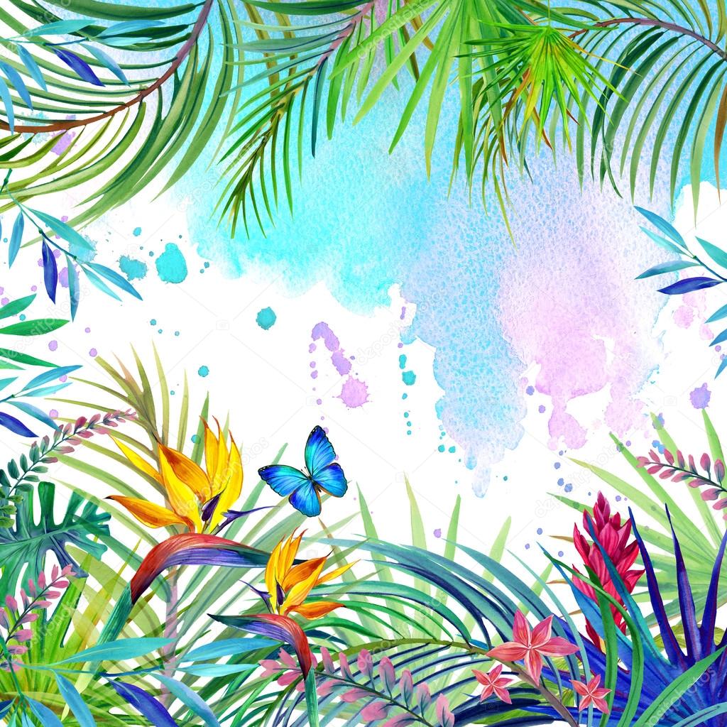 Tropical forest landscape, leaves, flowers and butterfly.