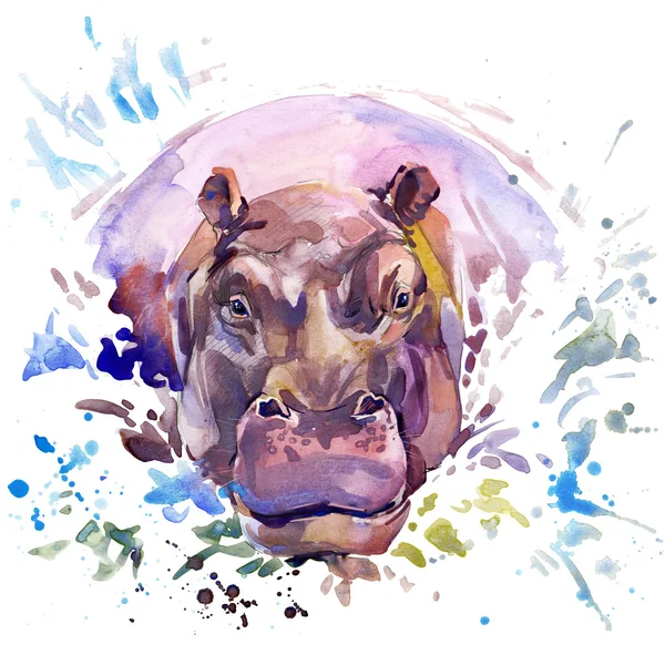 hippopotamus T-shirt graphics,  African animals hippopotamus illustration with splash watercolor textured background. unusual illustration watercolor  hippopotamus fashion print, poster for textiles, fashion design