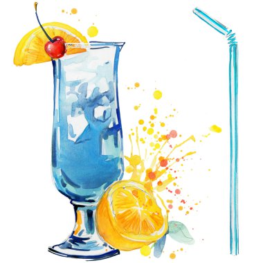 cocktail fruit, ice and a splash. Hand drawn watercolor illustration