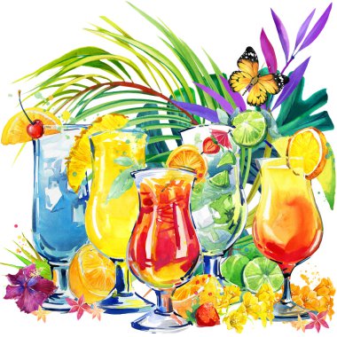 colorful cocktail. Hand drawn watercolor illustration of cocktail fruit and tropical leaves background