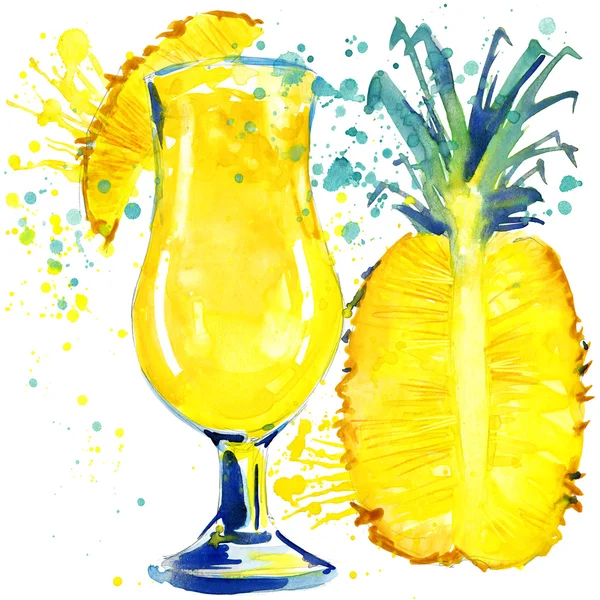 Cocktail fruit, ice and a splash. Hand drawn watercolor illustration — Stok fotoğraf