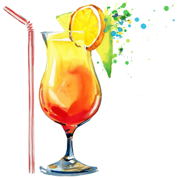 Cocktail fruit, ice and a splash. Hand drawn watercolor illustration — Stok fotoğraf
