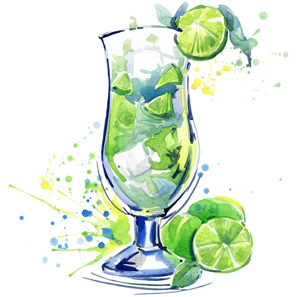 Cocktail fruit, ice and a splash. Hand drawn watercolor illustration — Stok fotoğraf