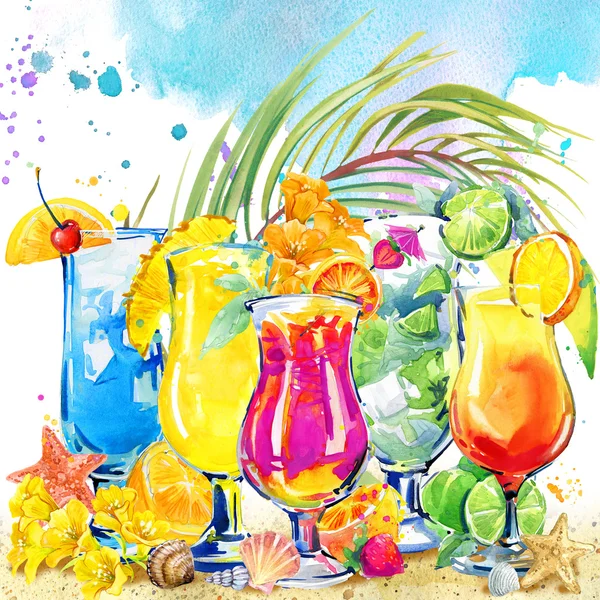 Cóctel colorido. Acuarela dibujada a mano ilustración de fruta de cóctel y hojas tropicales fondo —  Fotos de Stock